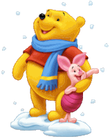 winnie the pooh and piglet are wearing scarves in the snow