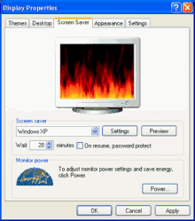 a display properties window shows a computer monitor with flames on it