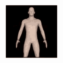 a naked man with his arms outstretched is sitting in a black box .