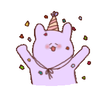 a purple rabbit wearing a party hat with confetti coming out of it 's mouth