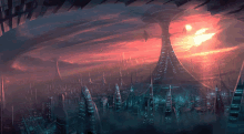 a painting of a futuristic city at sunset