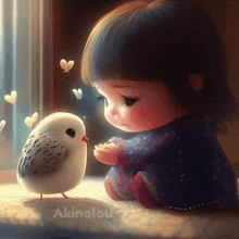 a little girl is sitting next to a small bird with butterflies around it .