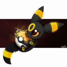 a drawing of a black and yellow pokemon with the letters say on the bottom right corner