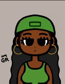 a cartoon of a girl wearing a green hat and hoop earrings