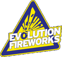 a yellow and blue sign that says evolution fireworks on it