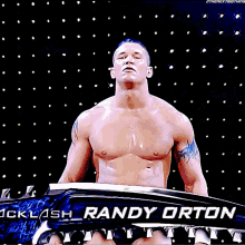 a wrestler named randy orton stands in front of a green background