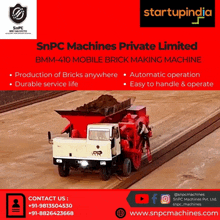 an ad for snpc machines private limited bmm 410 mobile brick making machine