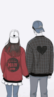 a drawing of a man and a woman holding hands with the word main on the back