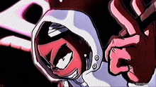 a cartoon drawing of a person wearing a white hoodie with a red face