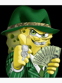 a cartoon of spongebob wearing a green hat and holding a bunch of money