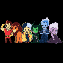 a group of cartoon characters standing next to each other including a lion