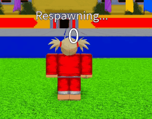 a girl in a red shirt is standing on a green field with the words respawning written on the top