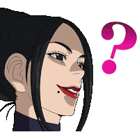 a woman with black hair has a question mark above her head