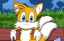 tails from sonic the hedgehog sits on a bench