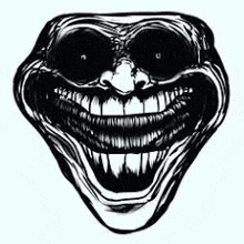 a black and white drawing of a troll face with big teeth and a big smile .