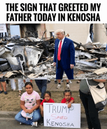 a sign that says trump saved kenosha is being held by a group of children