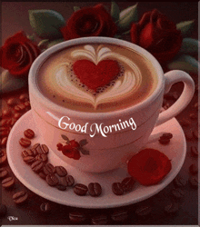 a cup of coffee with a heart in the foam and the words good morning on it