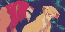 a lion and a lioness from the movie the lion king are standing next to each other in the rain .