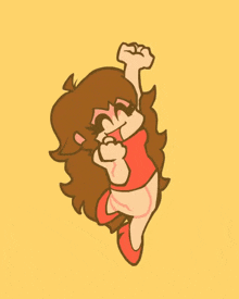 a cartoon girl is jumping in the air with her fist in the air and giving the middle finger .