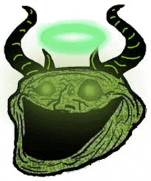 a troll face with horns and a green halo around it .