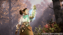 a screenshot of a video game shows a woman holding something in her hand and the words game informer below her