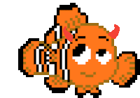 a pixel art of a clown fish with devil horns .