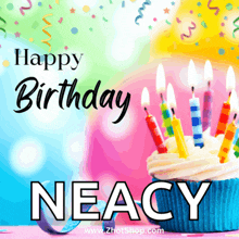 a birthday card for neacy with a cupcake with candles on it