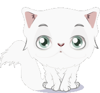 a cartoon drawing of a white kitten with green eyes