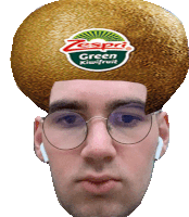 a man wearing glasses and a zespri green kiwi fruit hat