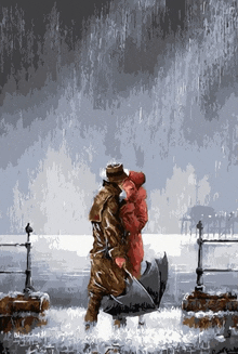 a painting of a man and a woman kissing in the rain