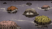 a group of cartoon characters are floating in a body of water with a purple background