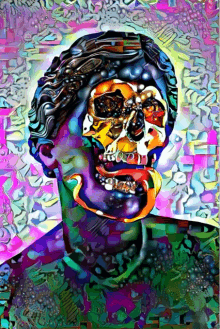 a colorful painting of a man with a skull on his head