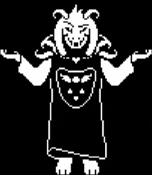 a black and white pixel art of a goat with horns and a heart on his chest .