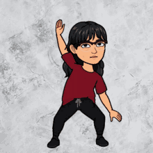 a cartoon of a woman in a maroon shirt and black pants