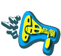 a cartoon drawing of a blue and yellow megaphone with the letter g on it