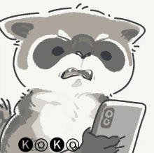 a cartoon drawing of a raccoon holding a cell phone with the letters koko on the bottom right