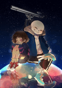 a drawing of a skeleton and a girl sitting on a planet