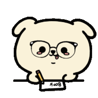 a cartoon dog wearing glasses is writing on a piece of paper