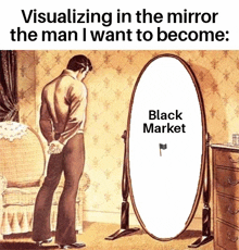 a man looking at himself in a mirror with the words " visualizing in the mirror the man i want to become "