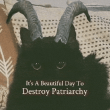 a black cat with horns on its head is sitting on a bed .