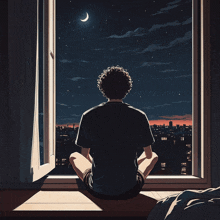 a man is sitting on a window sill looking out at the city at night