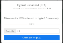 a screen that says hypixel unbanned and says check out for $ 5.00