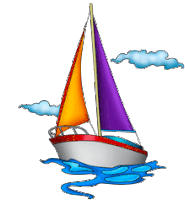 a cartoon drawing of a sailboat with purple sails