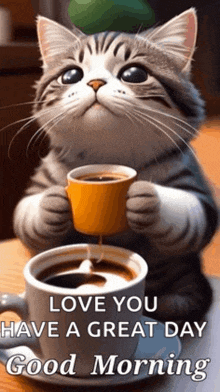 a cat is holding a cup of coffee with the words `` love you have a great day good morning '' below it .