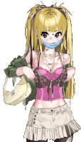 a blonde anime girl wearing a mask and a purse