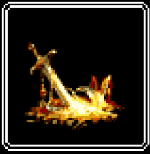 a pixel art of a burning sword on a black background .