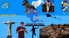 an advertisement for jornal dos crias shows a statue of jesus and a man flying a kite