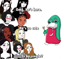 a cartoon of a penguin holding a flower surrounded by a group of girls asking if he 's single