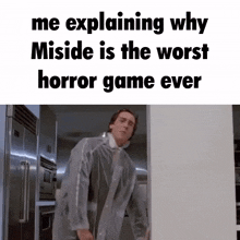 a man in a white coat is standing in a kitchen and explaining why misside is the worst horror game ever ..