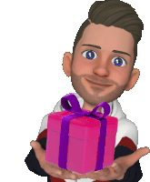 a man is holding a pink gift box with a purple bow